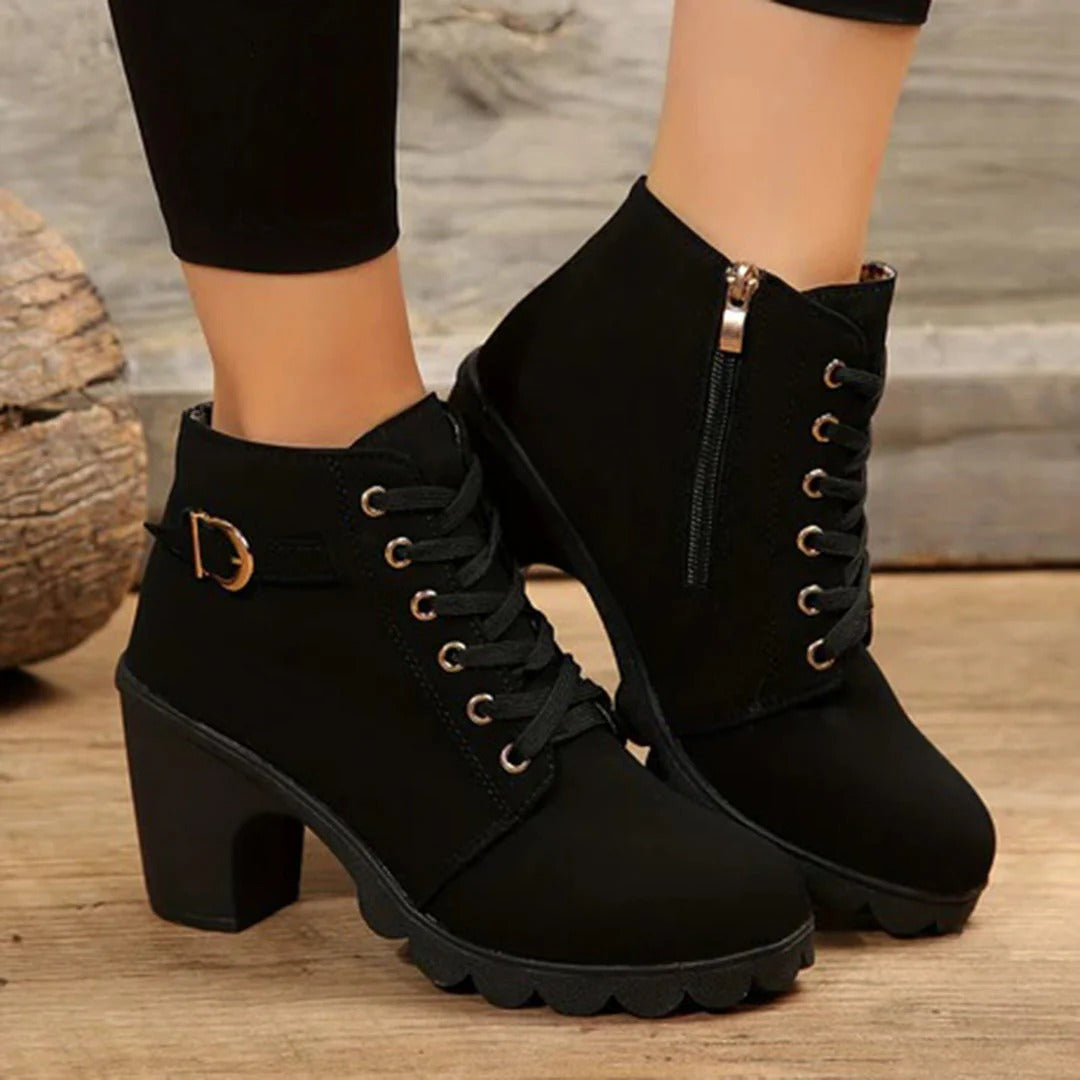 Damen Stiefeletten Chunky Blockabsatz Schnürung Schwarz - Norvielle