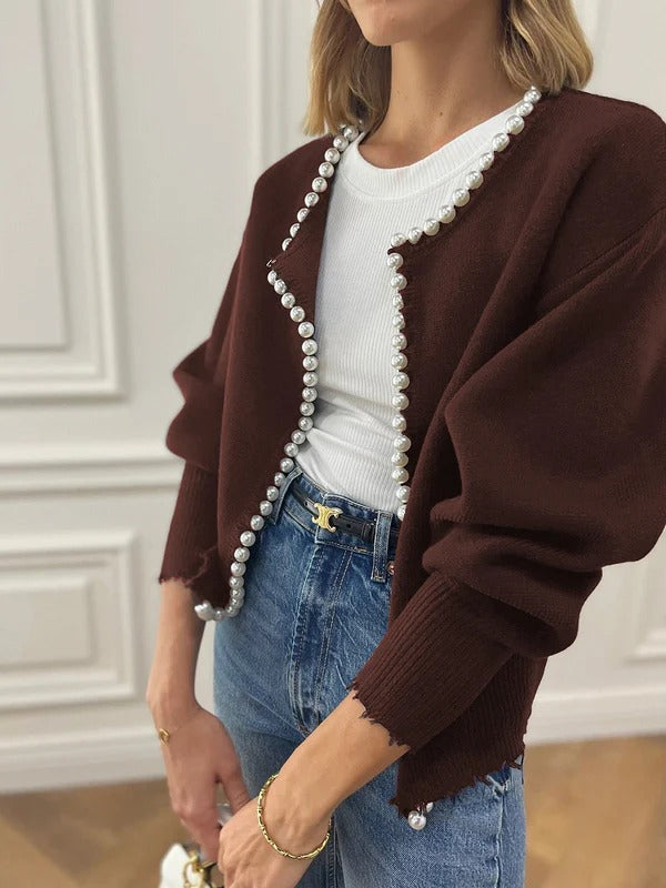 Damen Strickcardigan Relaxed Fit Offener Style Perlenkante Rohsaum
