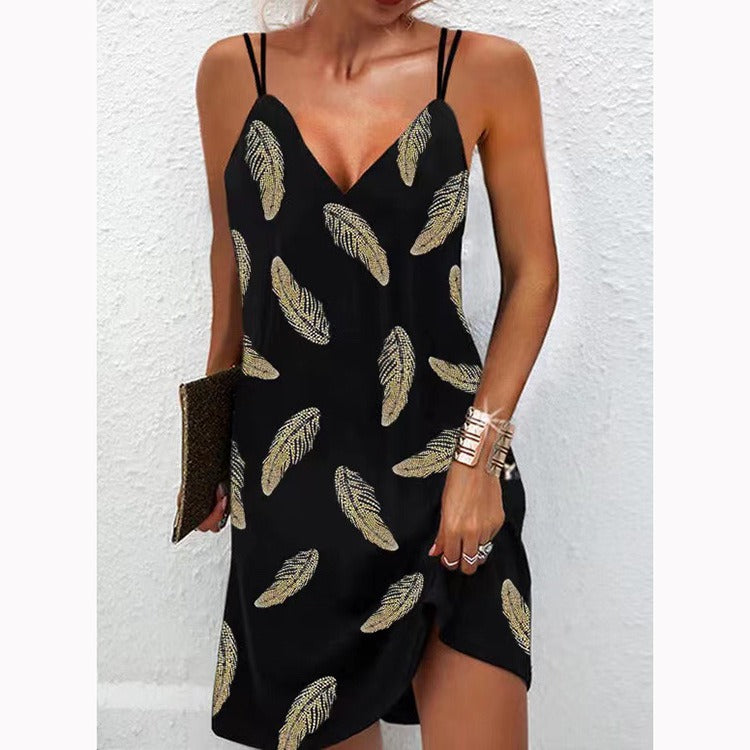 Damen Mini Sommerkleid Slim Fit V-Ausschnitt Spaghettiträger
