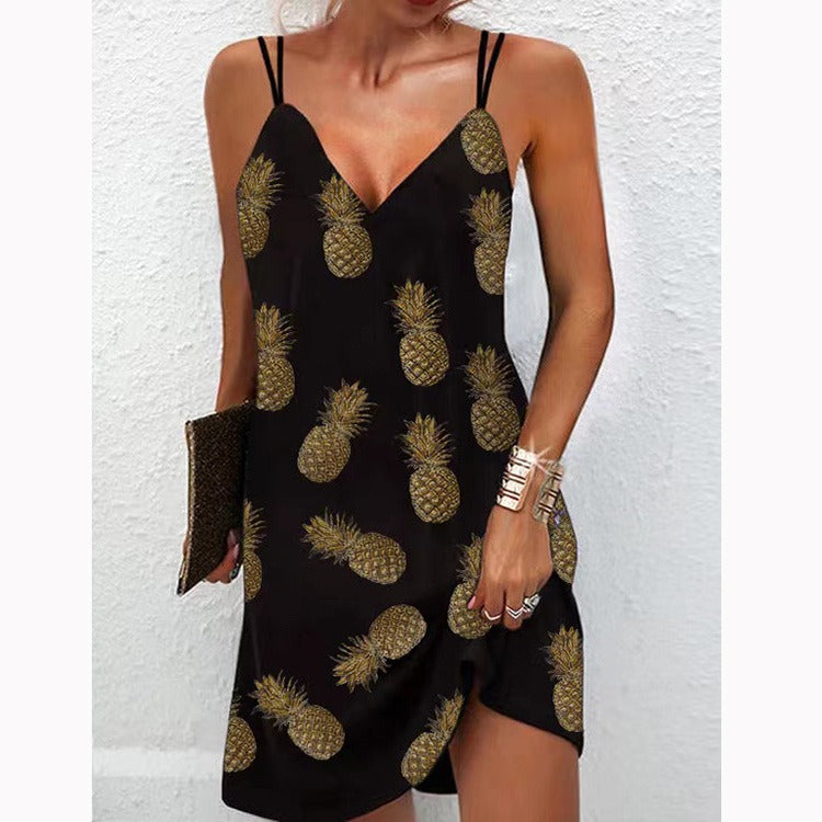 Damen Mini Sommerkleid Slim Fit V-Ausschnitt Spaghettiträger
