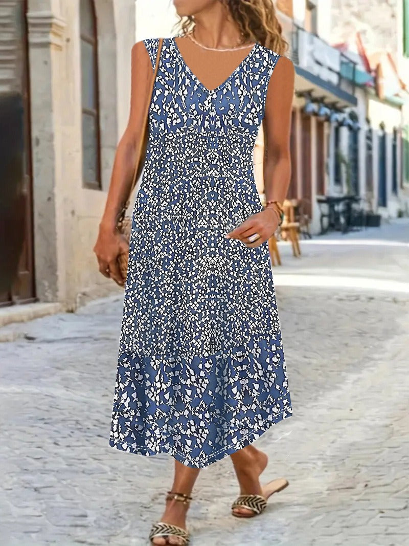 Damen Maxi Sommerkleid Blumenmuster V-Ausschnitt Ärmellos