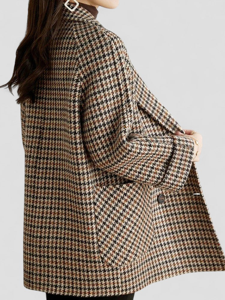 Damen Oversize Wintermantel Doppelknopf Karomuster