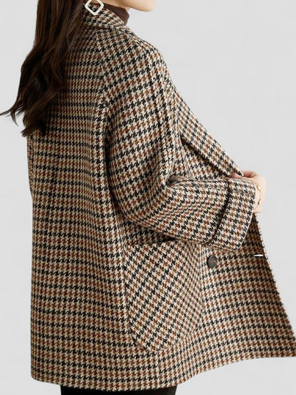 Damen Oversize Wintermantel Doppelknopf Karomuster