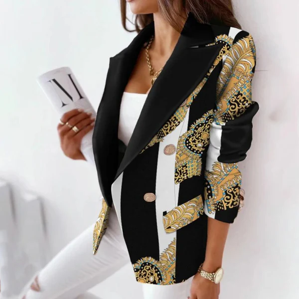 Damen Blazer Tailored Fit Reverskragen Doppelreiher Elegant Musterung