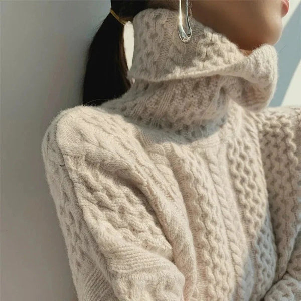 Wollpullover Damen Rollkragen Kabelstrick Weich Beige - Norvielle