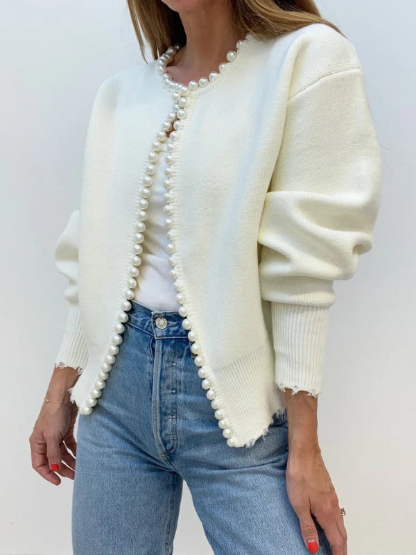 Damen Strickcardigan Relaxed Fit Offener Style Perlenkante Rohsaum
