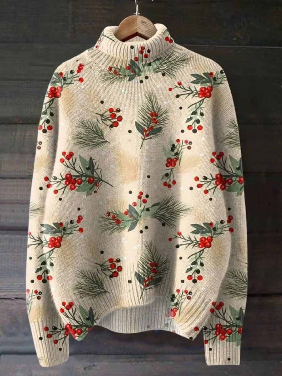 Damen Rollkragenpullover Wollstrick Botanischer Druck Beige - Norvielle