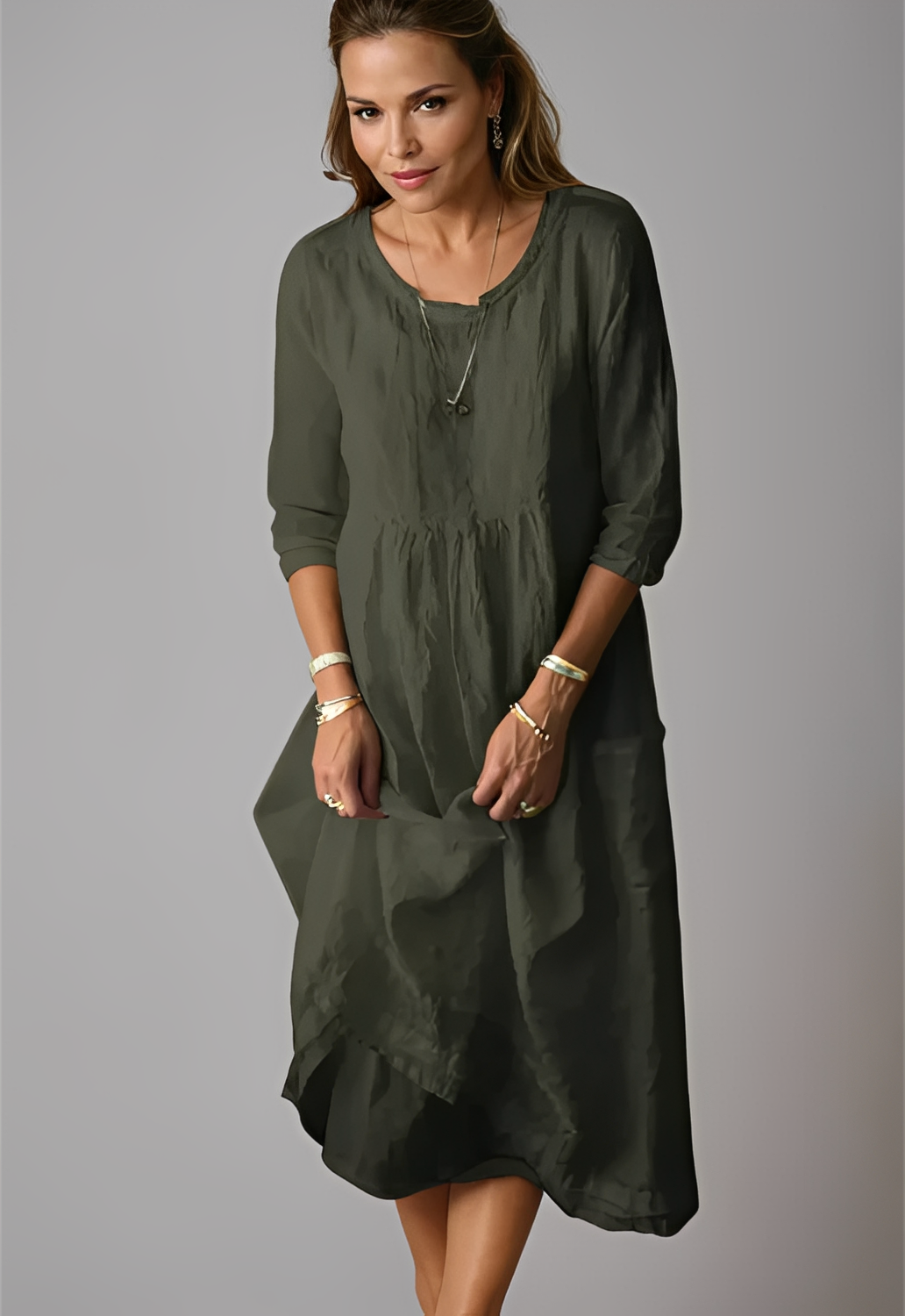 Damenkleid 3/4-Ärmel Locker Geschnitten Komfort Schwarz - Norvielle