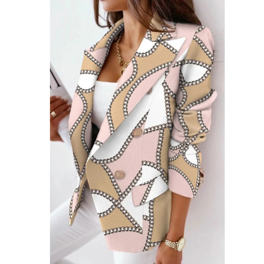 Damen Blazer Tailored Fit Reverskragen Doppelreiher Elegant Musterung