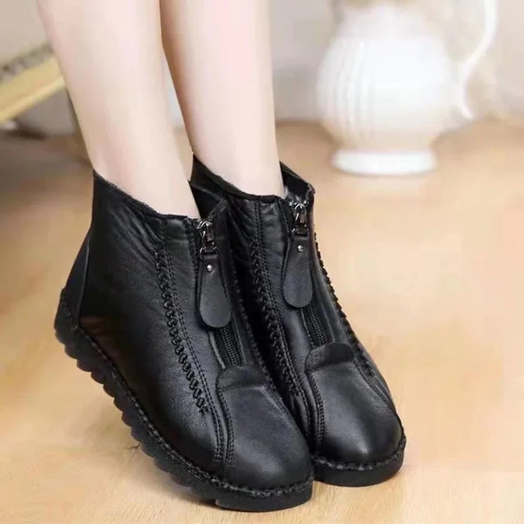 Damen Stiefeletten Lederlook Frontreißverschluss Chunky-Sohle Lässig