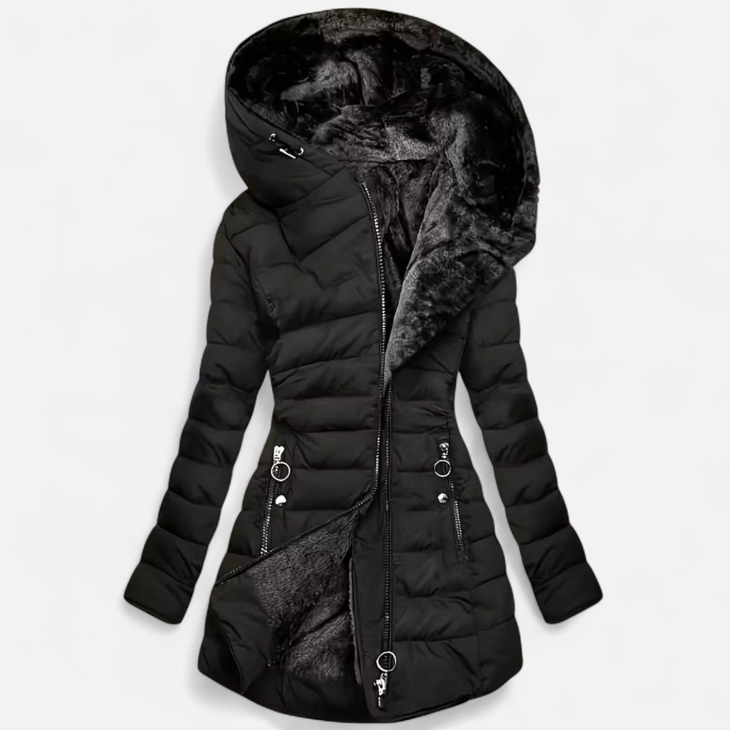 Damen Fleecejacke Slim Fit mit Kapuze und Reißverschluss Schwarz - Norvielle