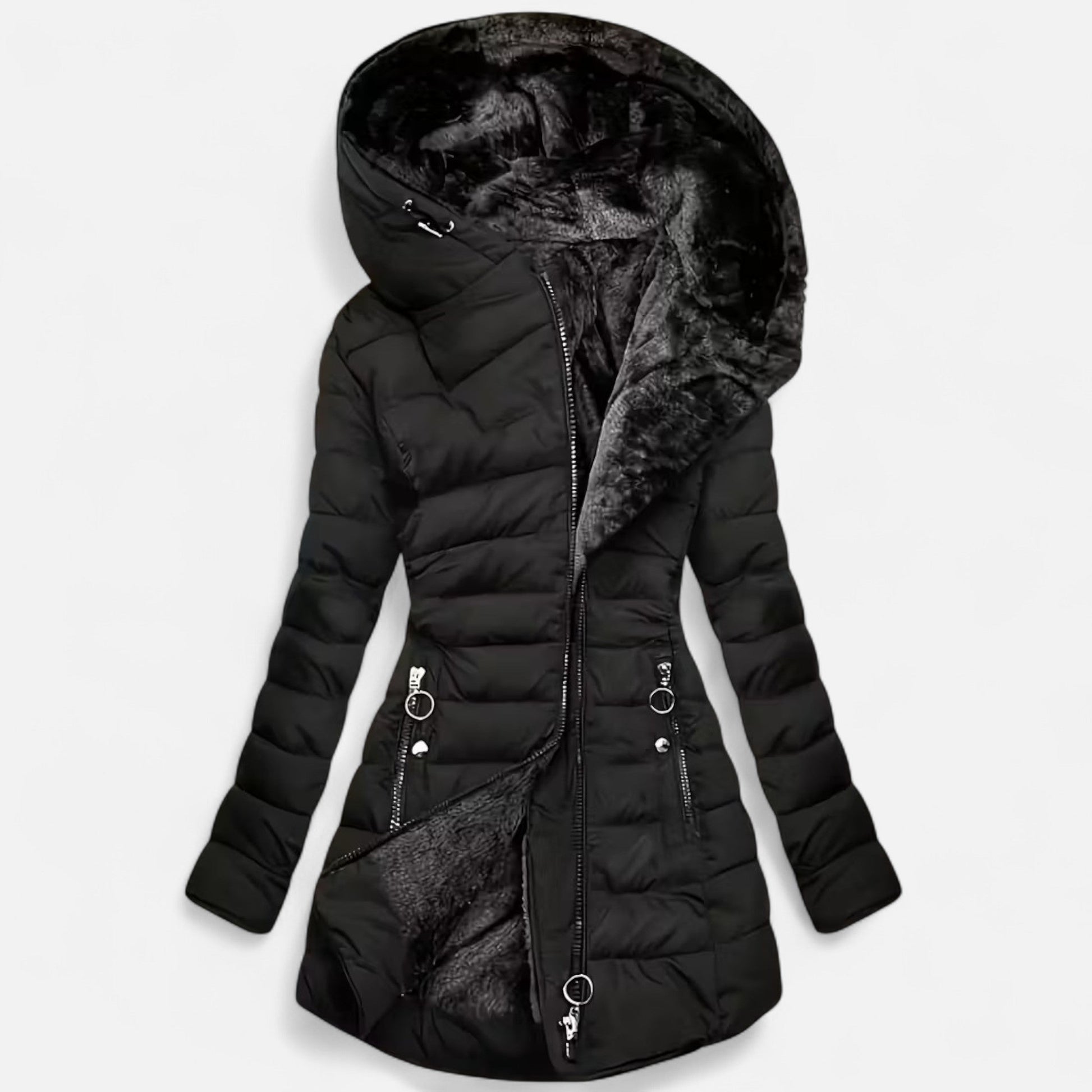 Damen Fleecejacke Slim Fit mit Kapuze und Reißverschluss Schwarz - Norvielle