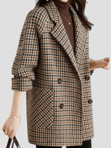 Damen Oversize Wintermantel Doppelknopf Karomuster