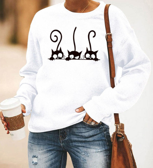 Damen Sweatshirt Oversized Baumwolle Katzenmuster Rundhals - Norvielle