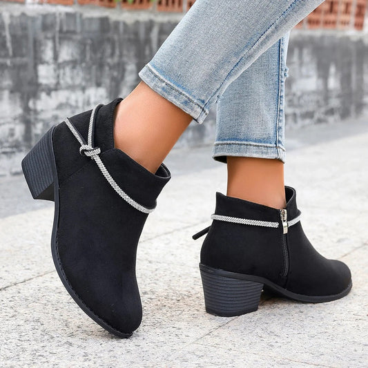 Damen Stiefeletten Wildleder Blockabsatz Schwarz - Norvielle