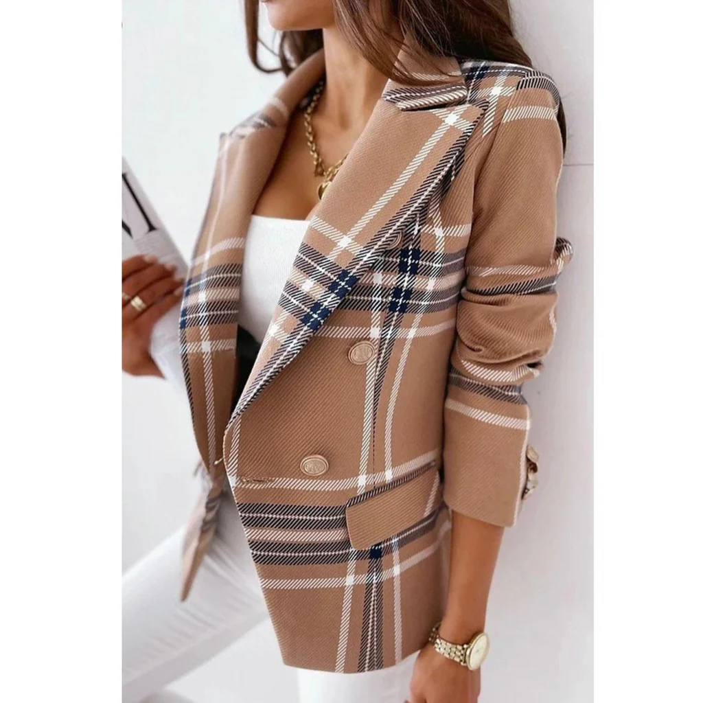 Damen Blazer Tailored Fit Reverskragen Doppelreiher Elegant Musterung