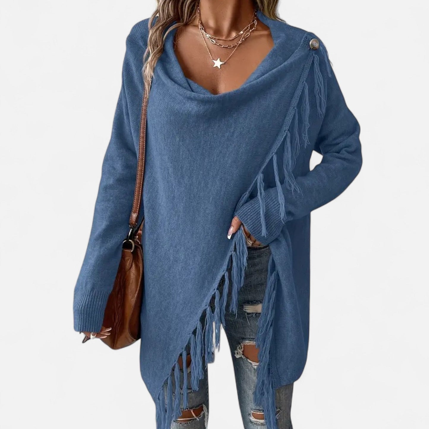 Damen Fransen-Pullover V-Ausschnitt mit Tasseln