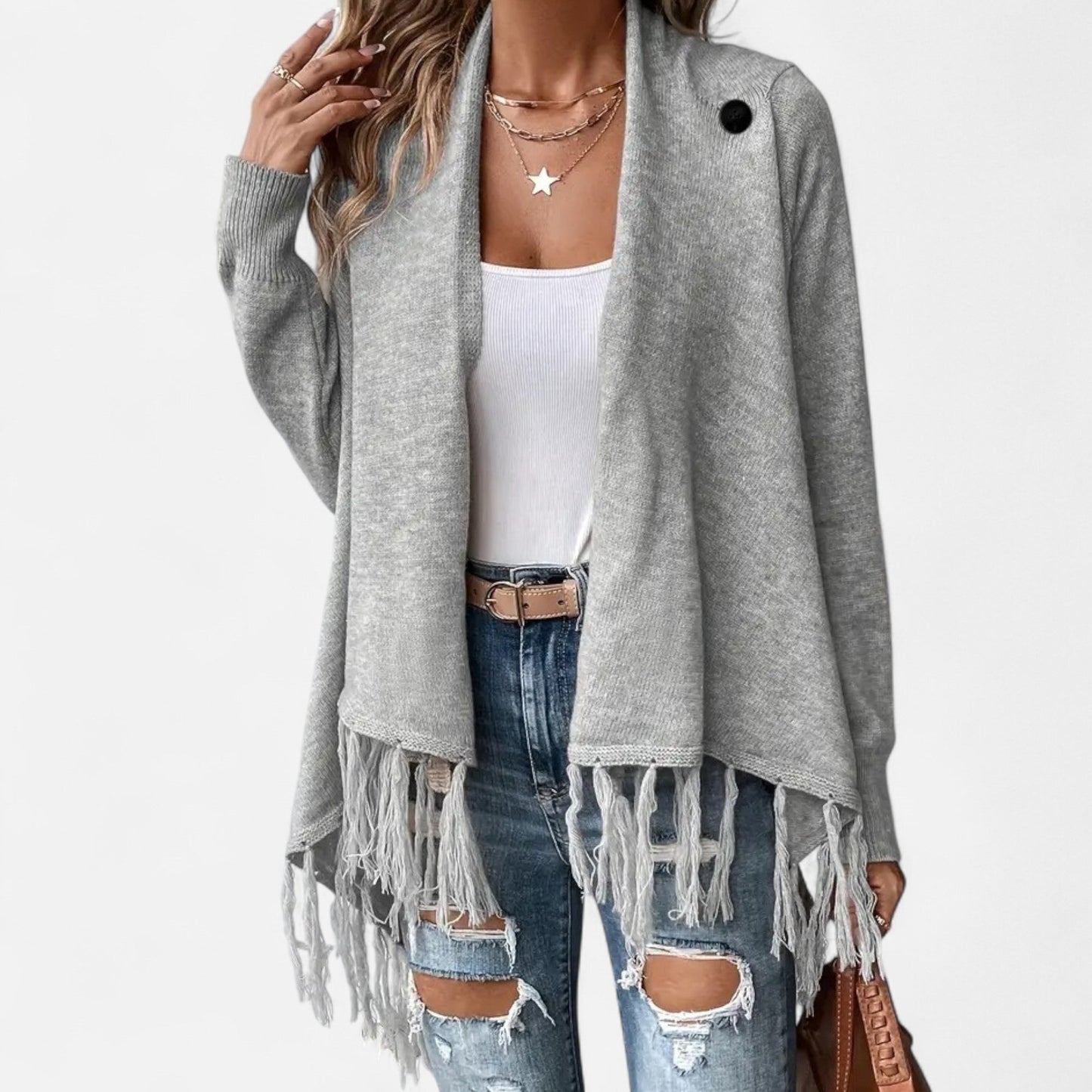 Damen Fransen-Pullover V-Ausschnitt mit Tasseln