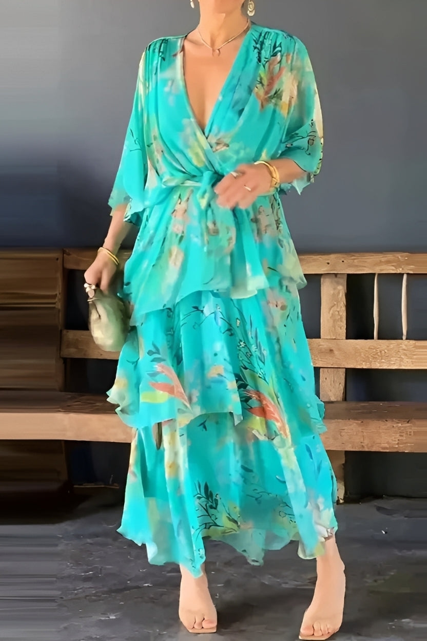Damen Kleid V-Ausschnitt Mehrschichtig Floralmuster
