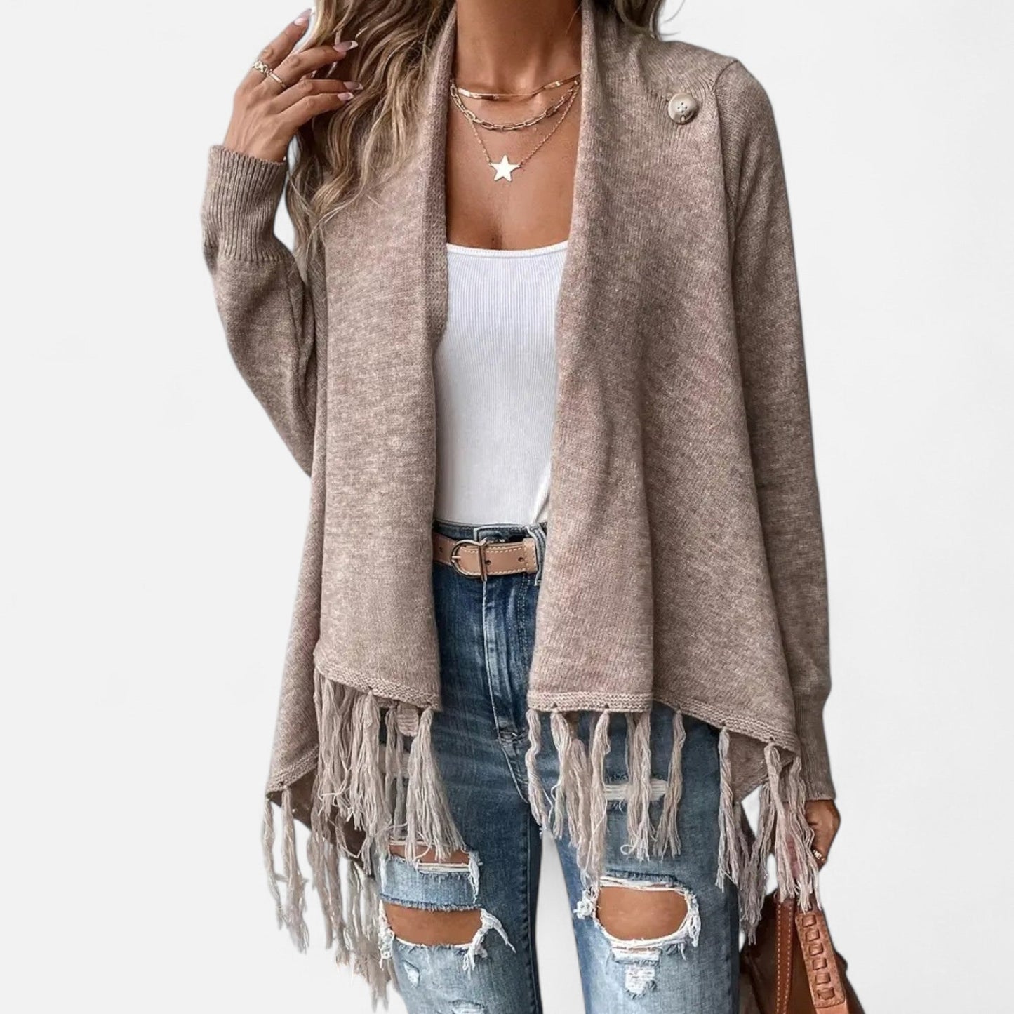Damen Fransen-Pullover V-Ausschnitt mit Tasseln