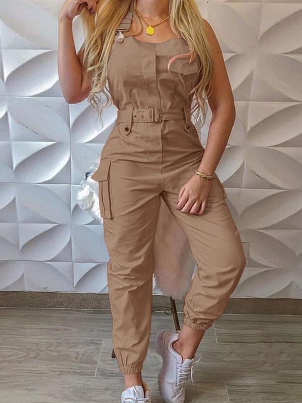 Damen Jumpsuit Ärmellos mit Werkzeuggürtel Schwarz - Norvielle