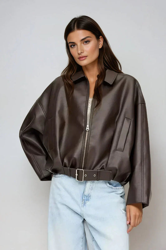 Arvella Damen Oversized Lederjacke Veganleder Reißverschluss Schwarz - Norvielle