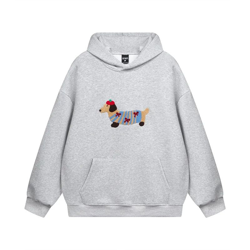 Damen Oversize Kapuzenpullover Hunde-Print Hellgrau