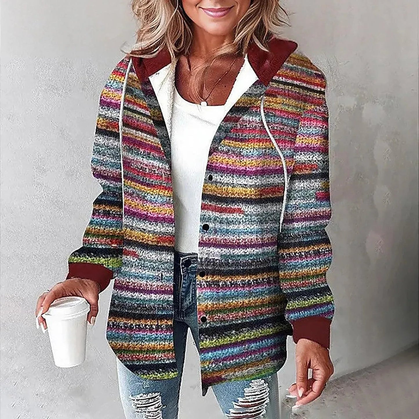 Damen Karo Hoodie Jacke Winter Freizeit Weiss