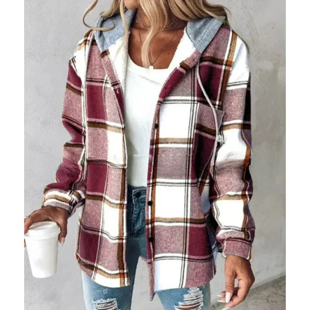 Damen Karo Hoodie Jacke Winter Freizeit Weiss