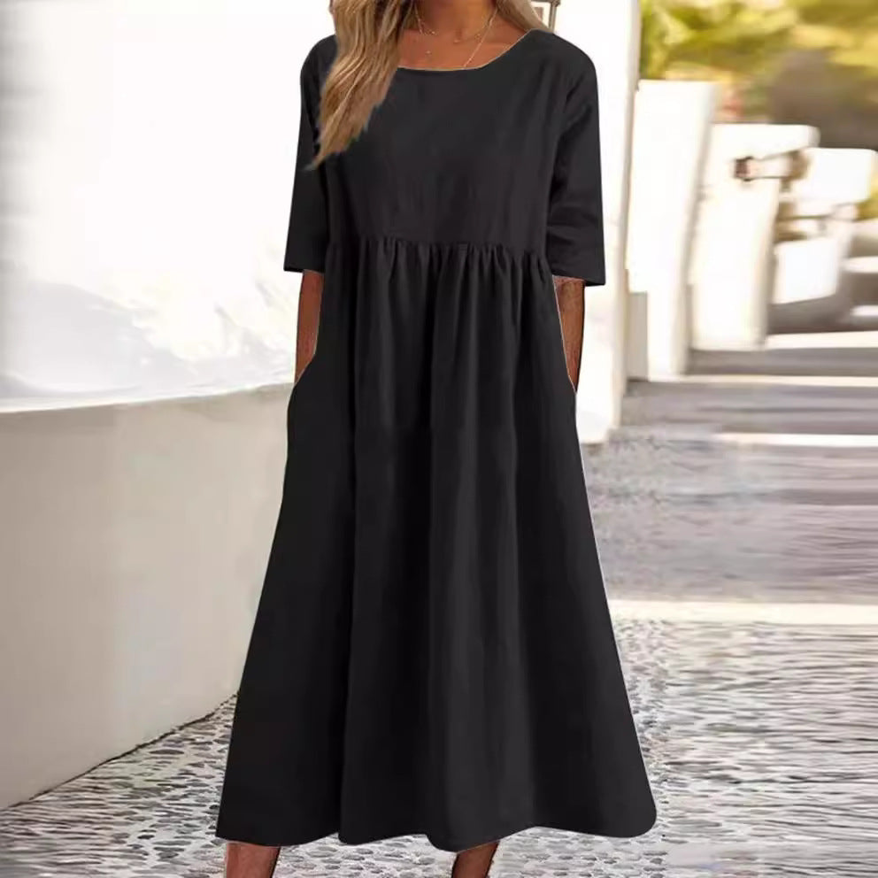 Damen Midikleid Elegantes Unifarben Rundhalsausschnitt Lockerer