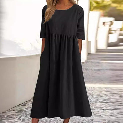 Damen Midikleid Elegantes Unifarben Rundhalsausschnitt Lockerer