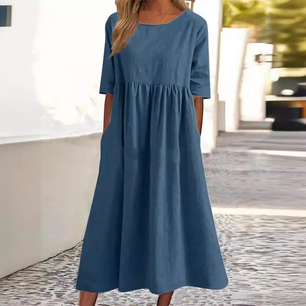Damen Midikleid Elegantes Unifarben Rundhalsausschnitt Lockerer
