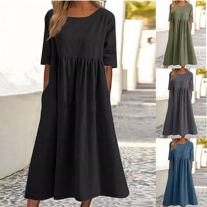 Damen Midikleid Elegantes Unifarben Rundhalsausschnitt Lockerer