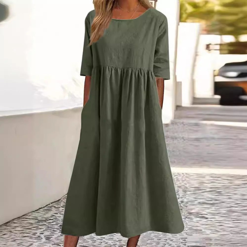 Damen Midikleid Elegantes Unifarben Rundhalsausschnitt Lockerer