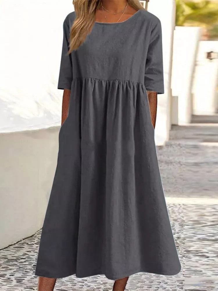 Damen Midikleid Elegantes Unifarben Rundhalsausschnitt Lockerer