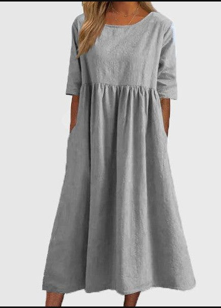 Damen Midikleid Elegantes Unifarben Rundhalsausschnitt Lockerer