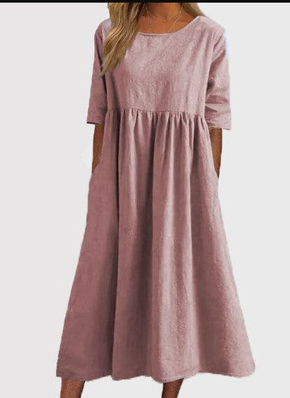 Damen Midikleid Elegantes Unifarben Rundhalsausschnitt Lockerer