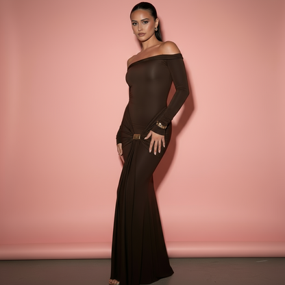 Off-Shoulder Maxi-Kleid mit Drapierung Gold-Detail