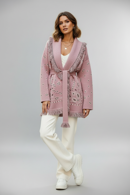 Damen Bandana Cardigan Mit Fransen Muster Warm