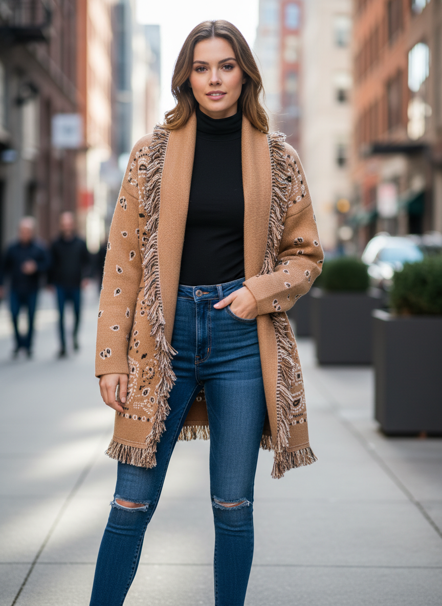 Damen Bandana Cardigan Mit Fransen Muster Warm