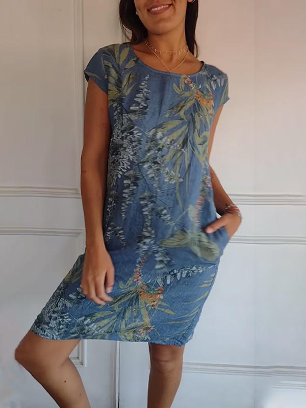 Damen Sommerkleid Blattmuster Leicht Baumwolle