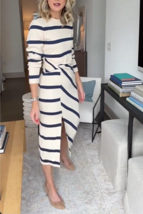 Elegantes Damen Midi-Kleid Gestreift
