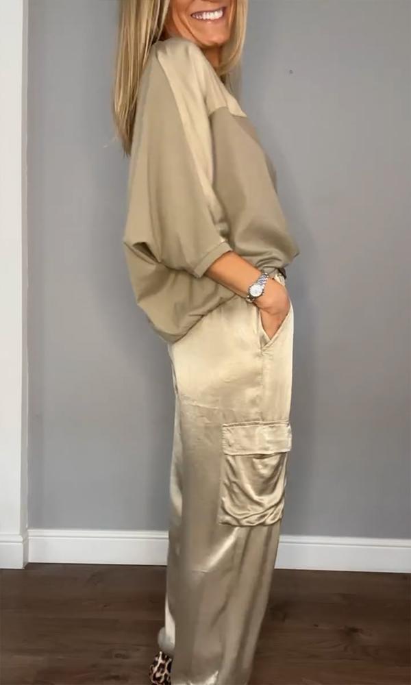 Herren Zweiteiler Anzug Satin Halbarm Hose