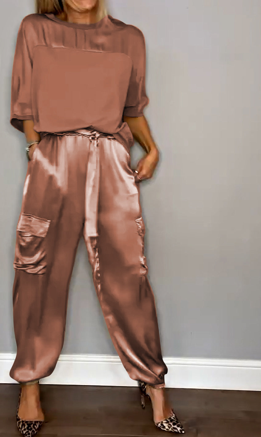 Herren Zweiteiler Anzug Satin Halbarm Hose