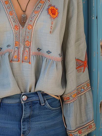 Damen Boho Bluse mit Stickerei und V-Ausschnitt