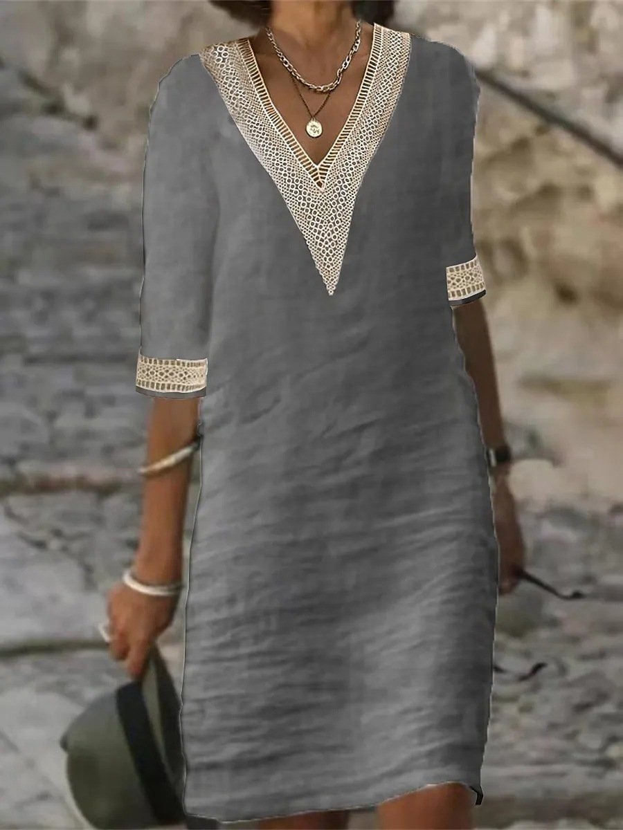 Damen V-Ausschnitt Kleid mit Spitzendetails