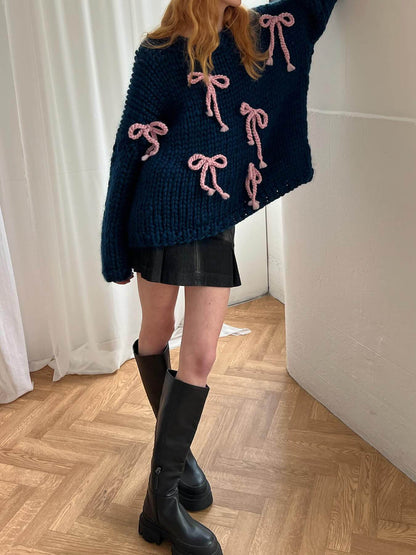 Exquisiter Bow-Pullover Damen Crew-Neck Lockere Passform