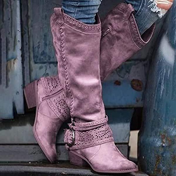 Damen Cowboystiefel Wildleder Spitze Niedriger Absatz Schwarz - Norvielle