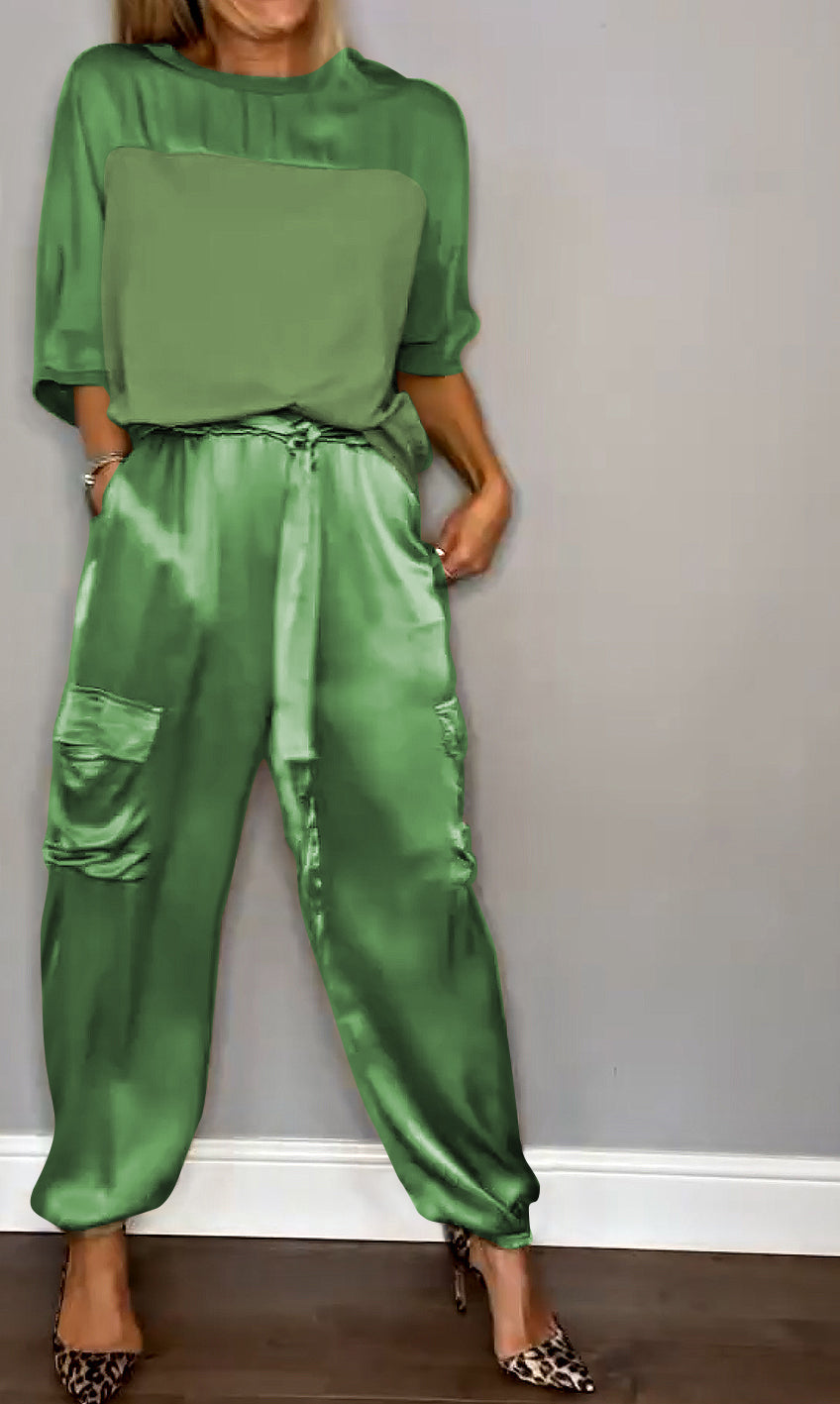 Herren Zweiteiler Anzug Satin Halbarm Hose