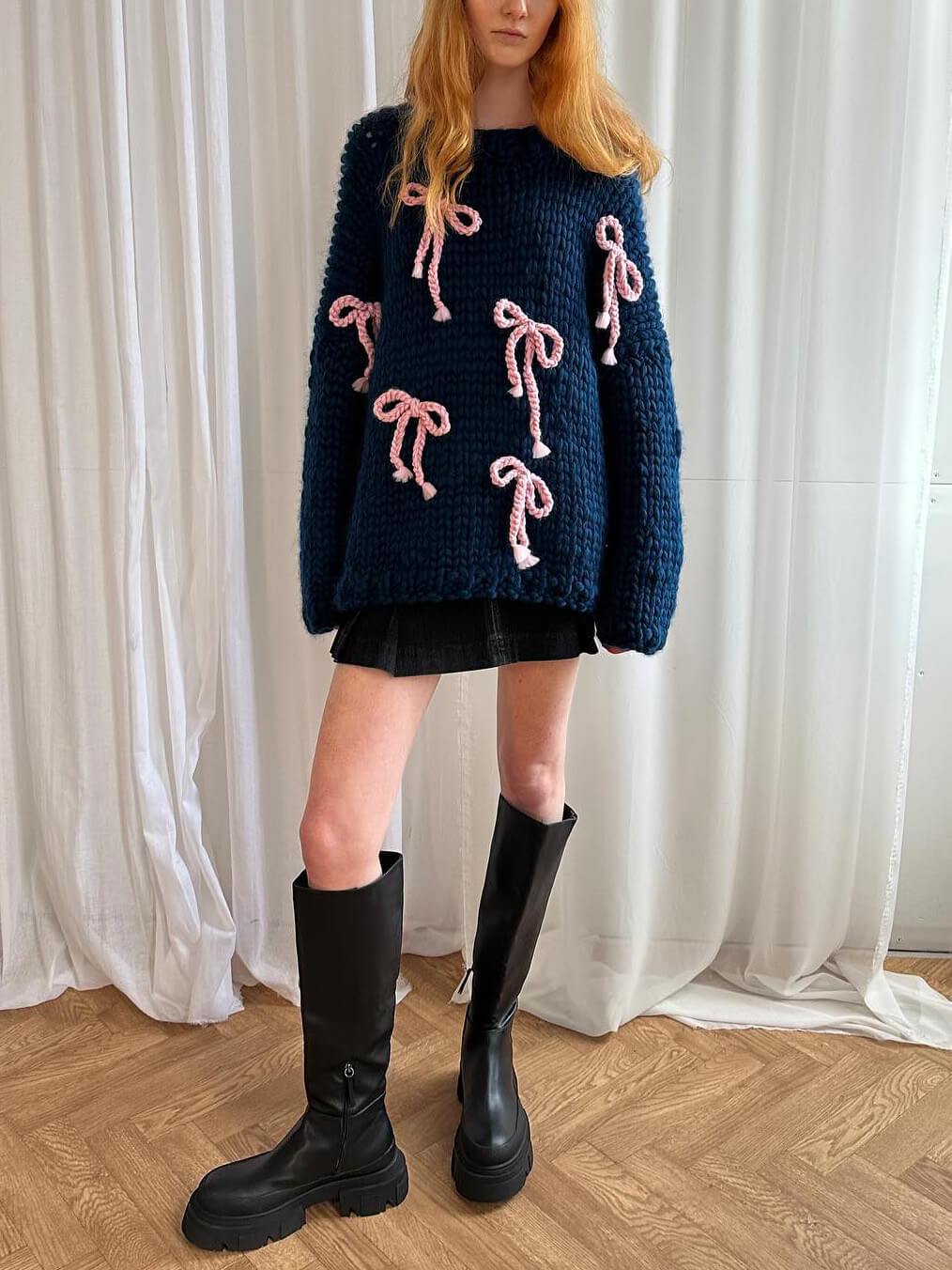 Exquisiter Bow-Pullover Damen Crew-Neck Lockere Passform